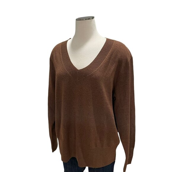 Womens Brown V-Neck Sweater L Recycled Polyester Oversized Sustainable Fall Soft - Picture 8 of 10